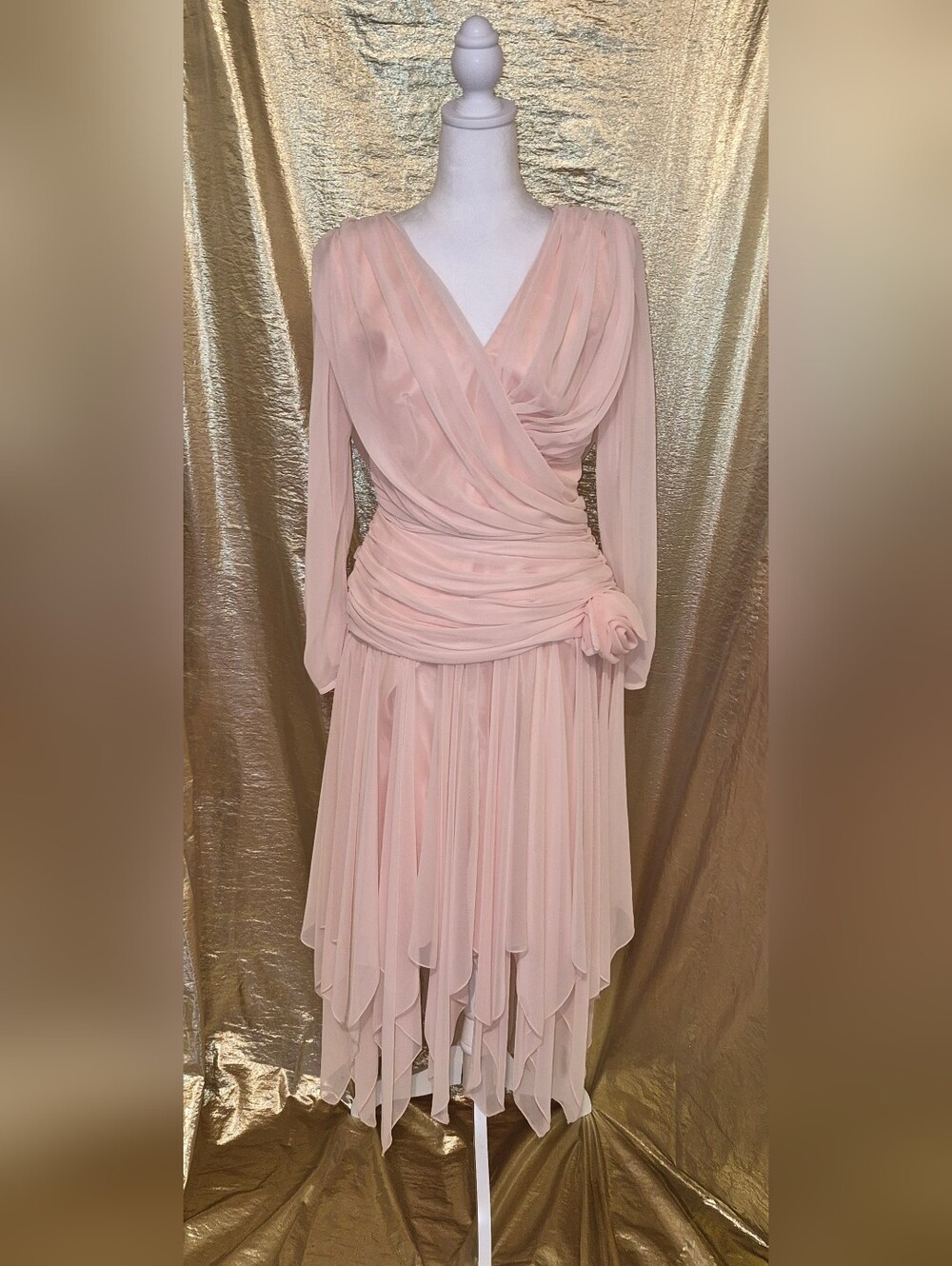Vintage Tadashi Pink Chiffon Ruched Midi Dress